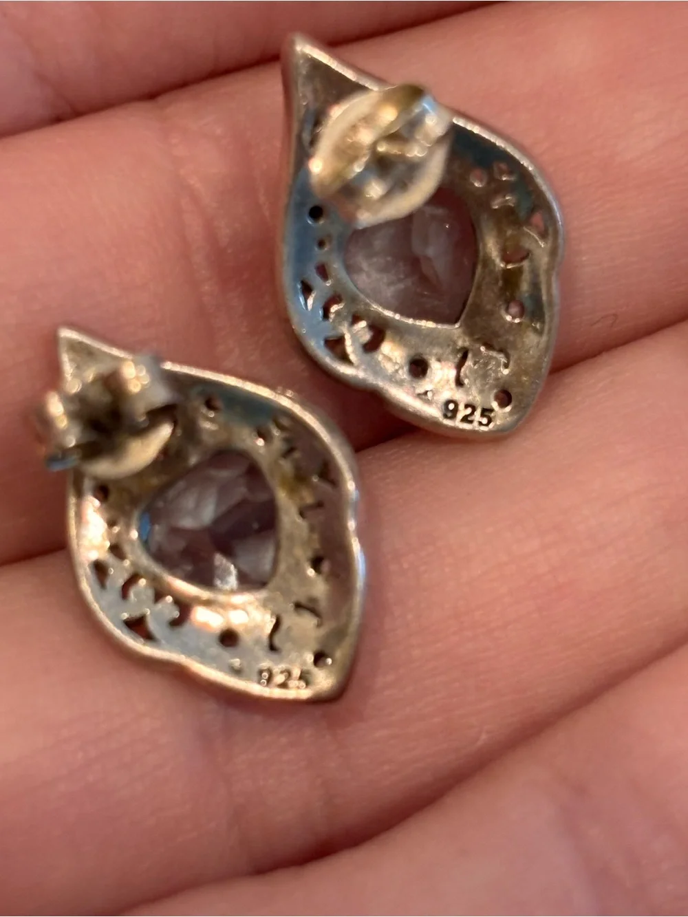 Vintage 925 Sterling Silver Aquamarine Heart Filigree Stud Earrings